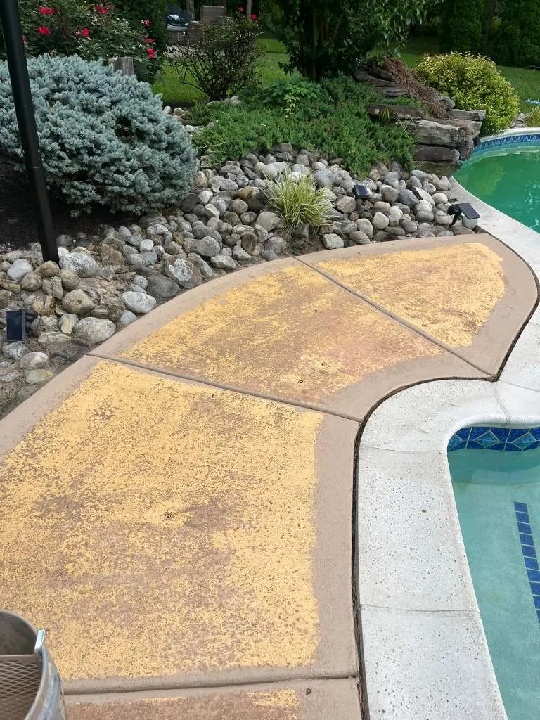 Before pool deck refresh showing worn and stained surface